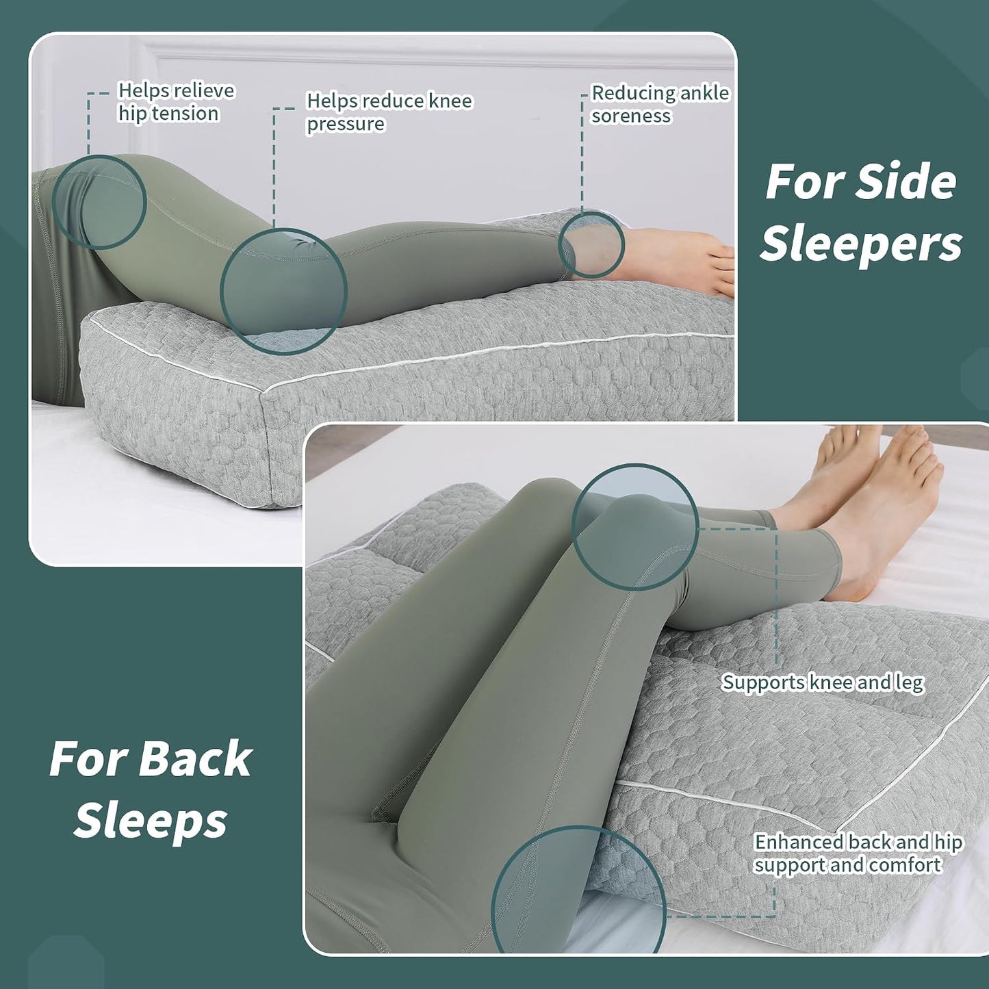 HOMBYS Shredded Memory Foam Knee Pillow for Side Sleepers, 6.5" Height Pillow Between Legs for Aligns Spine & Relieves Pressure Hip & Leg Elevation, Supportive Pillow for Pregnancy, Sciatica, White