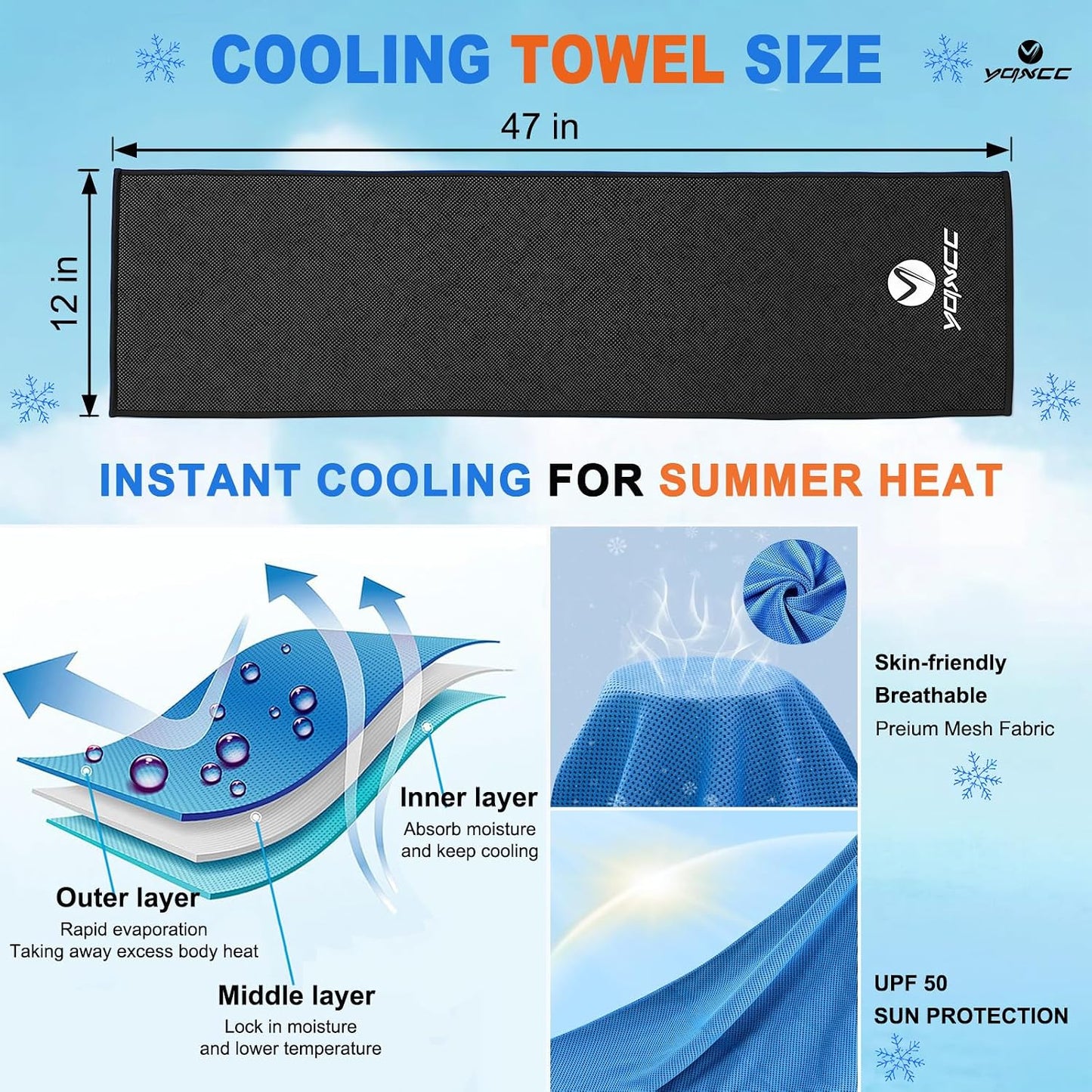 YQXCC 4 Pack Cooling Towels (47"x12"), Ice Cool Towels for Neck & Face | Soft Breathable Microfiber, Instant Cooling Neck Wraps, Ideal for Yoga, Golf, Gym, Running, Camping & Hot Weather