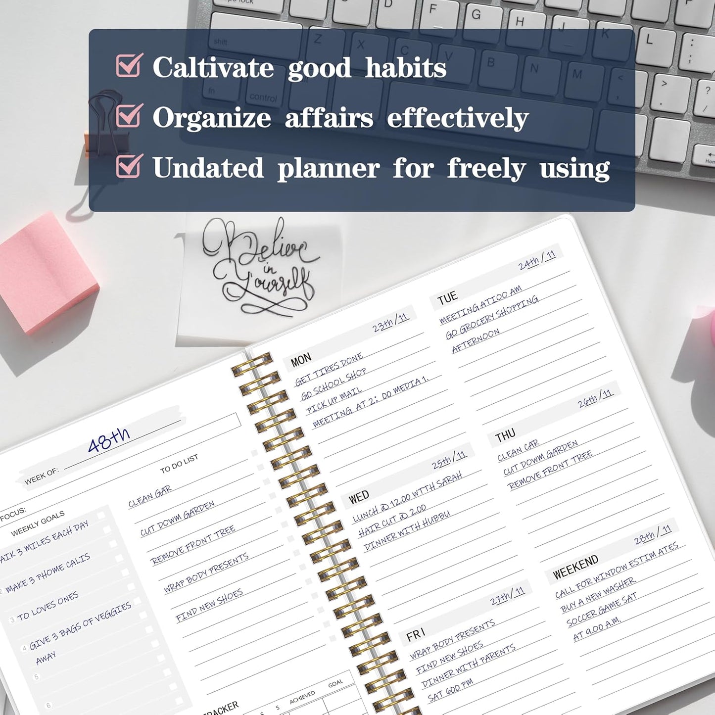 Undated Weekly Planner With Habit Tracker & To Do List 5.7 x 8.0 inch | Avoid Unfocused Busywork,Productivity Organizer,No-Bleed Thick Pages,Portable Size,Lay-Flat Spiral for Hands Free