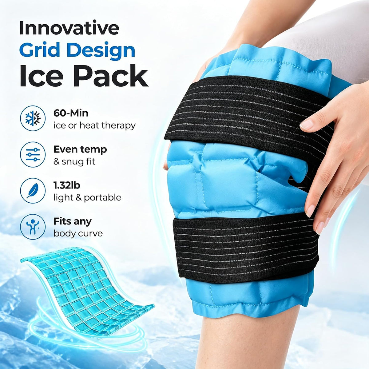 WORLD-BIO Ice Packs for Injuries Reusable, Knee Ice Pack Wrap with Straps, Gel Ice Wrap for Leg Pain Relief, Hot & Cold Compress Therap for Swelling, Water Soak Needed, Light Blue, 1Pack