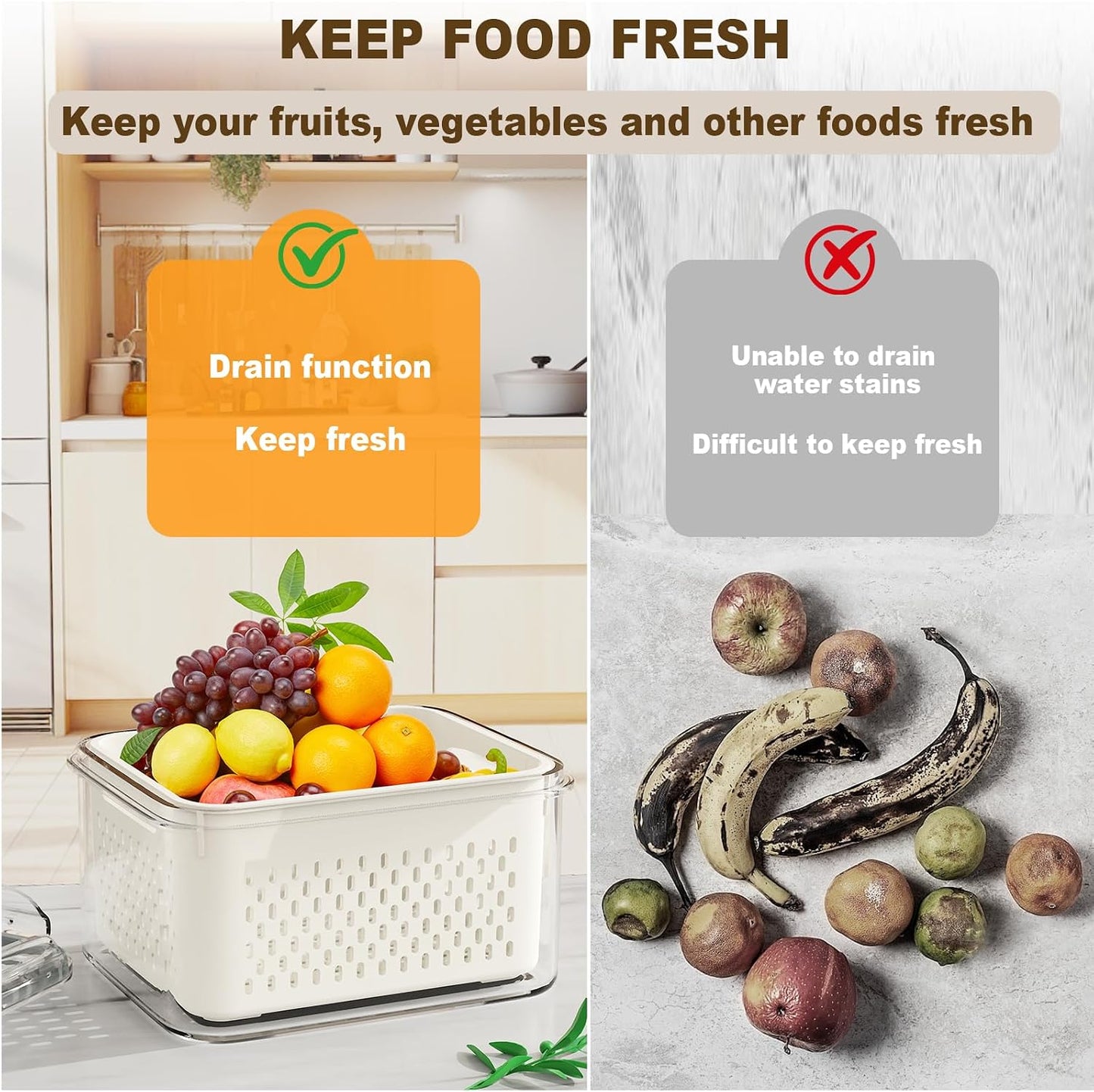 Dayacoco Fruit Storage Containers for Fridge 4 Pcs with Drain Basket | Fridge organizers & storage - 4 fruit containers w/ drain baskets, BPA-free PP, leak-proof seal, stackable, DW/MW safe.