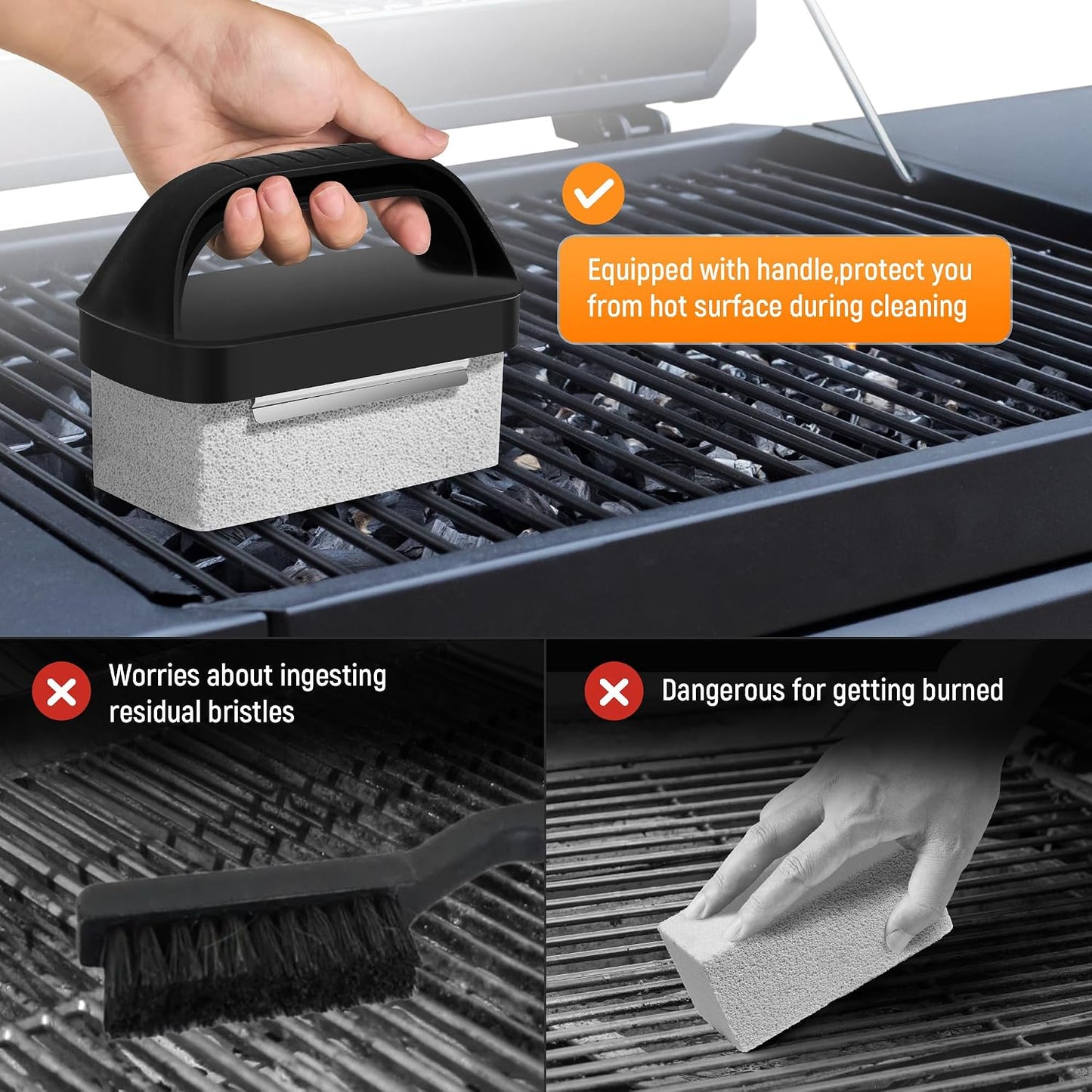 Grill Brick for Cleaning Flat Top, Heavy Duty Grill Stone Griddle Brick | Pumice Grill Cleaning Brick with Handle & Scraper, Griddle Cleaner for Removing Stubborn Grease, Rust (5 PCS)