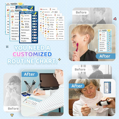 Chore Chart for Kids: Dry Erase Visual Schedule, Magnetic Bedtime/Morning Routine Chart - Toddler Chore Board, Checklist, To Do List for Kids (2 morning checklists, 2 bedtime checklists)