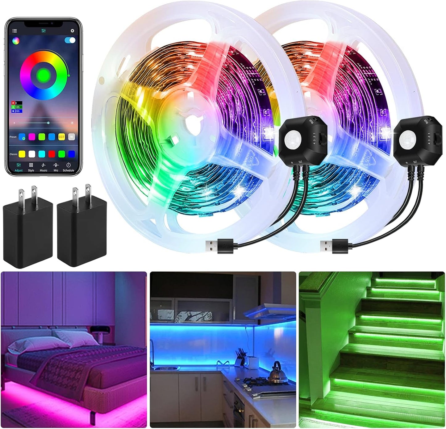 Motion Activated Under Bed Lights,2x9.8ft Motion Sensor RGB Strip Light | APP Control Dimmable LED Night Light with 4 Timing Off Modes,USB 5V Color Changing LED Tape Lights for Bed Cabinet Stair