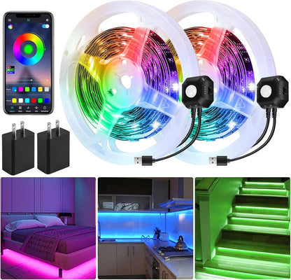 Motion Activated Under Bed Lights,2x9.8ft Motion Sensor RGB Strip Light | APP Control Dimmable LED Night Light with 4 Timing Off Modes,USB 5V Color Changing LED Tape Lights for Bed Cabinet Stair