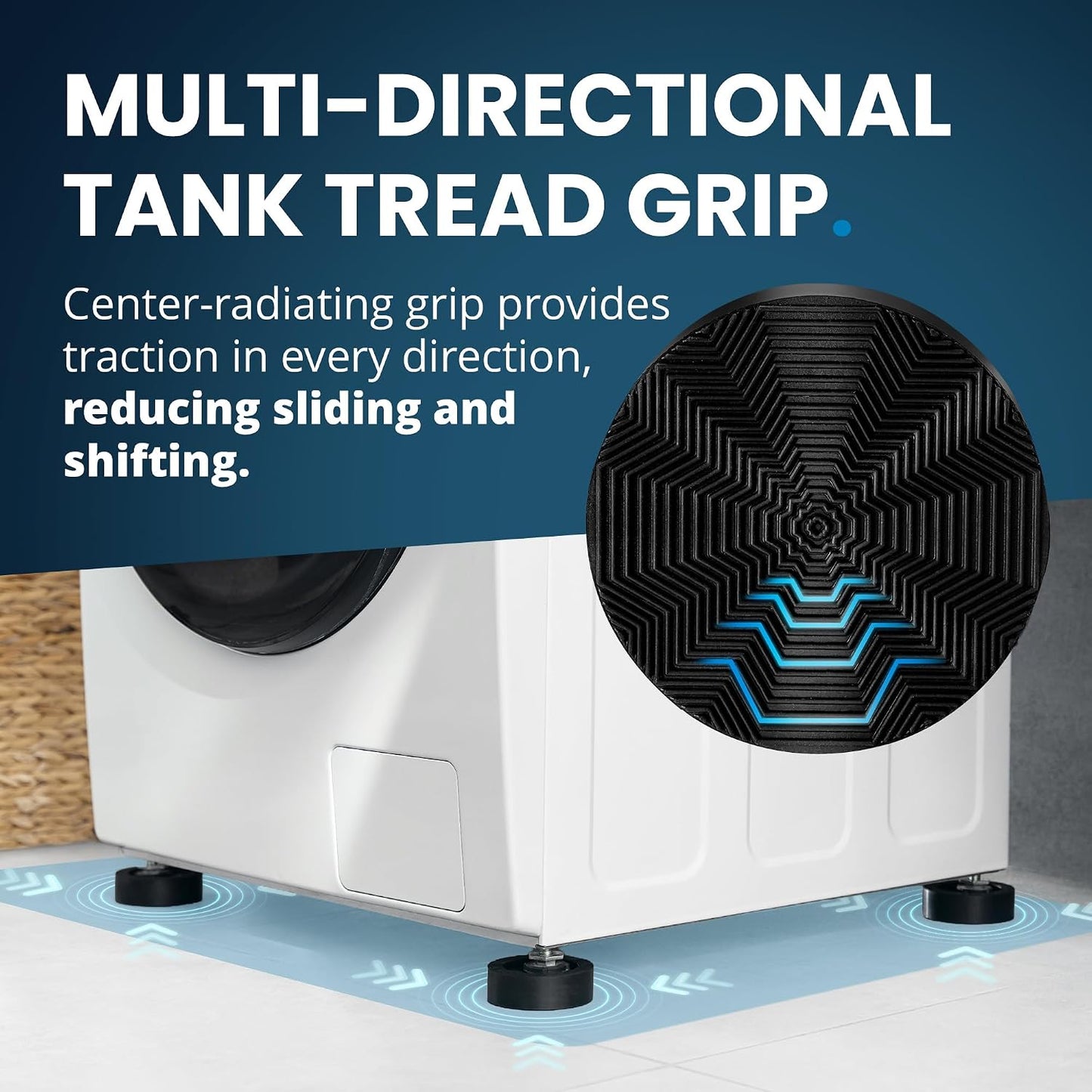 Anti Vibration Pads for Washing Machine with Tank Tread Grip™ XL | 4 Pack + Level | Stops Washer Dryer from Moving, Protects Floor | Rubber Antivibration Feet Stabilizer for Leveling Washer Machine