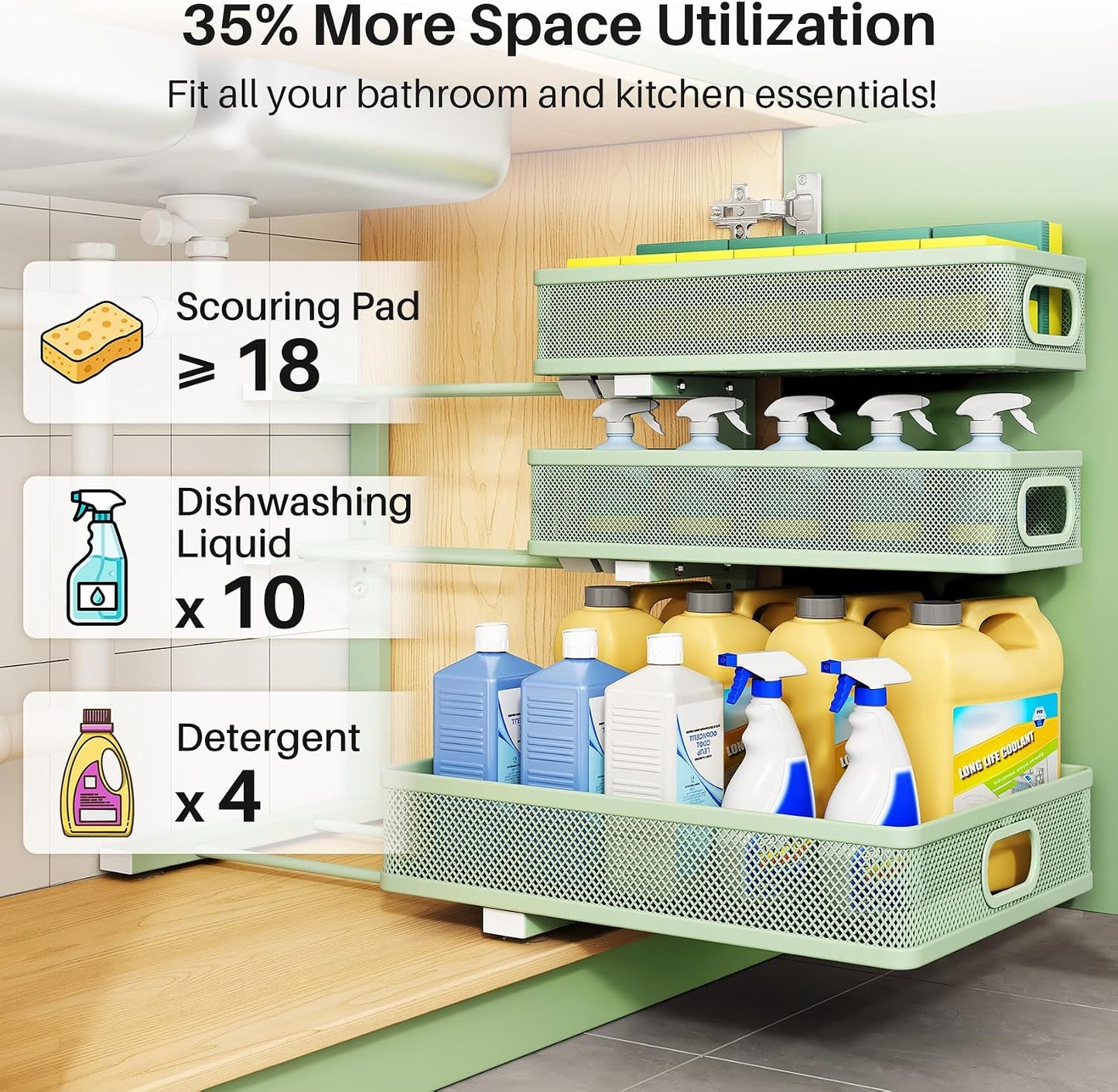 Kitstorack Under Sink Organizer, 2-Pack 3-Tier Height Adjustable Thickened Metal Pull out Cabinet Organizer Shelf, Slide out Storage Drawer Rack for Bathroom Kitchen Pantry Home Laundry Organization