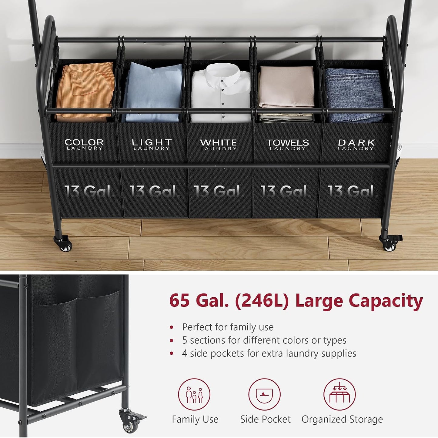 Laundry Cart with Hanging Rack, 65 Gal. Large Laundry Hamper, Beige | Rolling Laundry Cart with Hanging Bar with Removable Bag and Lockable Wheels, Separator Hamper Cart for Bedroom, Bathroom