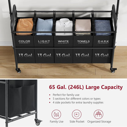 Laundry Cart with Hanging Rack, 65 Gal. Large Laundry Hamper, Beige | Rolling Laundry Cart with Hanging Bar with Removable Bag and Lockable Wheels, Separator Hamper Cart for Bedroom, Bathroom