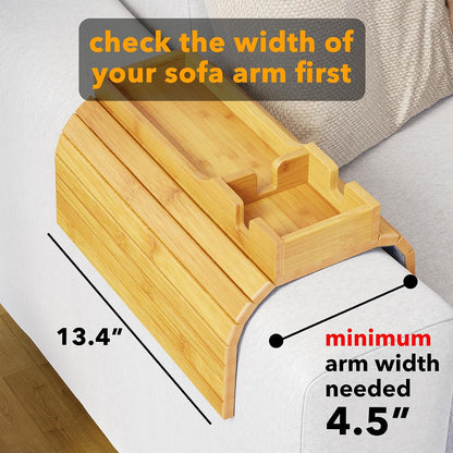 SpaceAid Bamboo Couch Cup Holder, Anti Falling Foldable Sofa Armrest Tray with Cup Holder, Couch Arm Side Table Organizer for Drink Cup Remote Snacks (Natural)