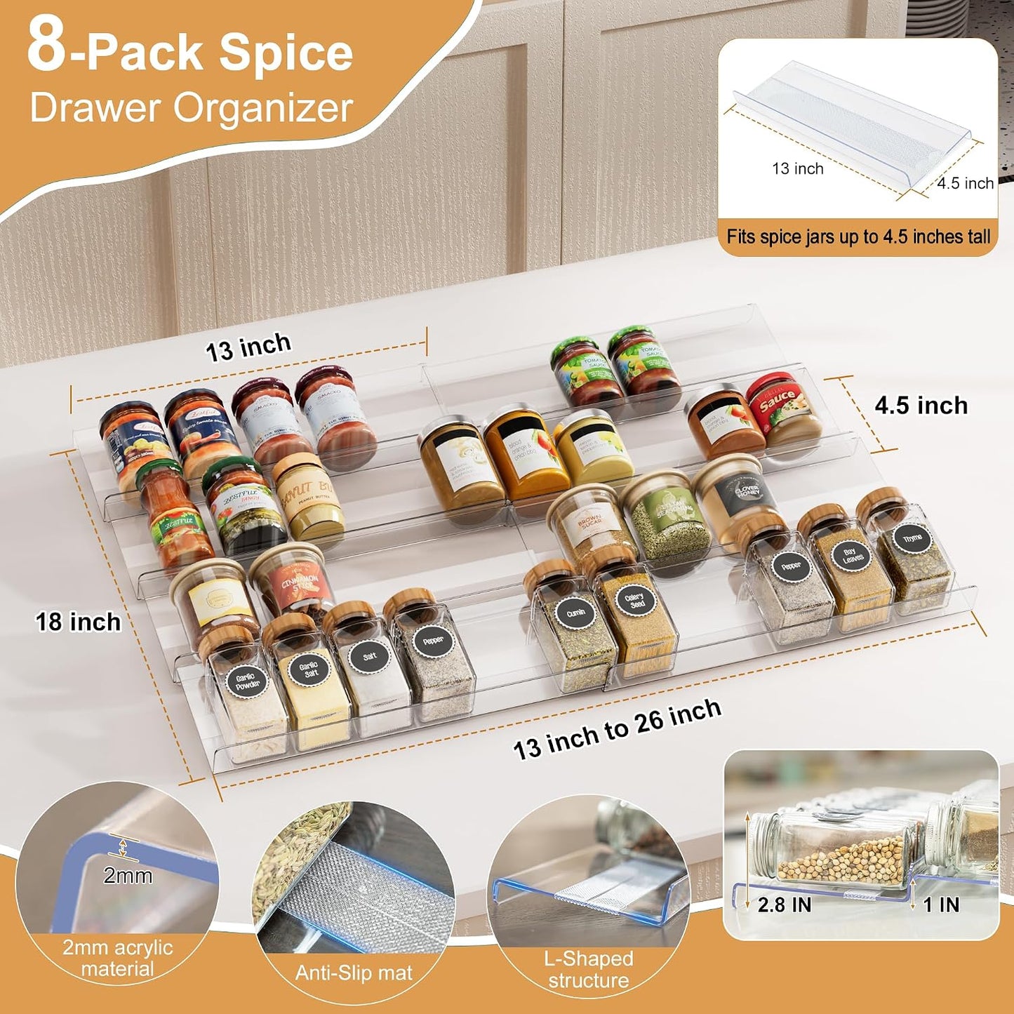 8-Pack Spice Drawer Organizer, Expandable Acrylic Seasoning Rack (13" to 26") with Anti-Slip Mat, Kitchen Spice Rack Holds up to 56 Jars (Jars Not Included)