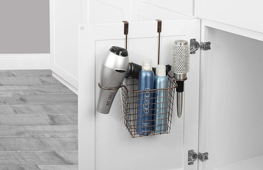 Spectrum Grid Over the Cabinet Styling Station (Satin Nickel) - Tall Bathroom & Under Sink Organizer for Hair Dryer, Beauty Tools, Accessories, & Home Essentials