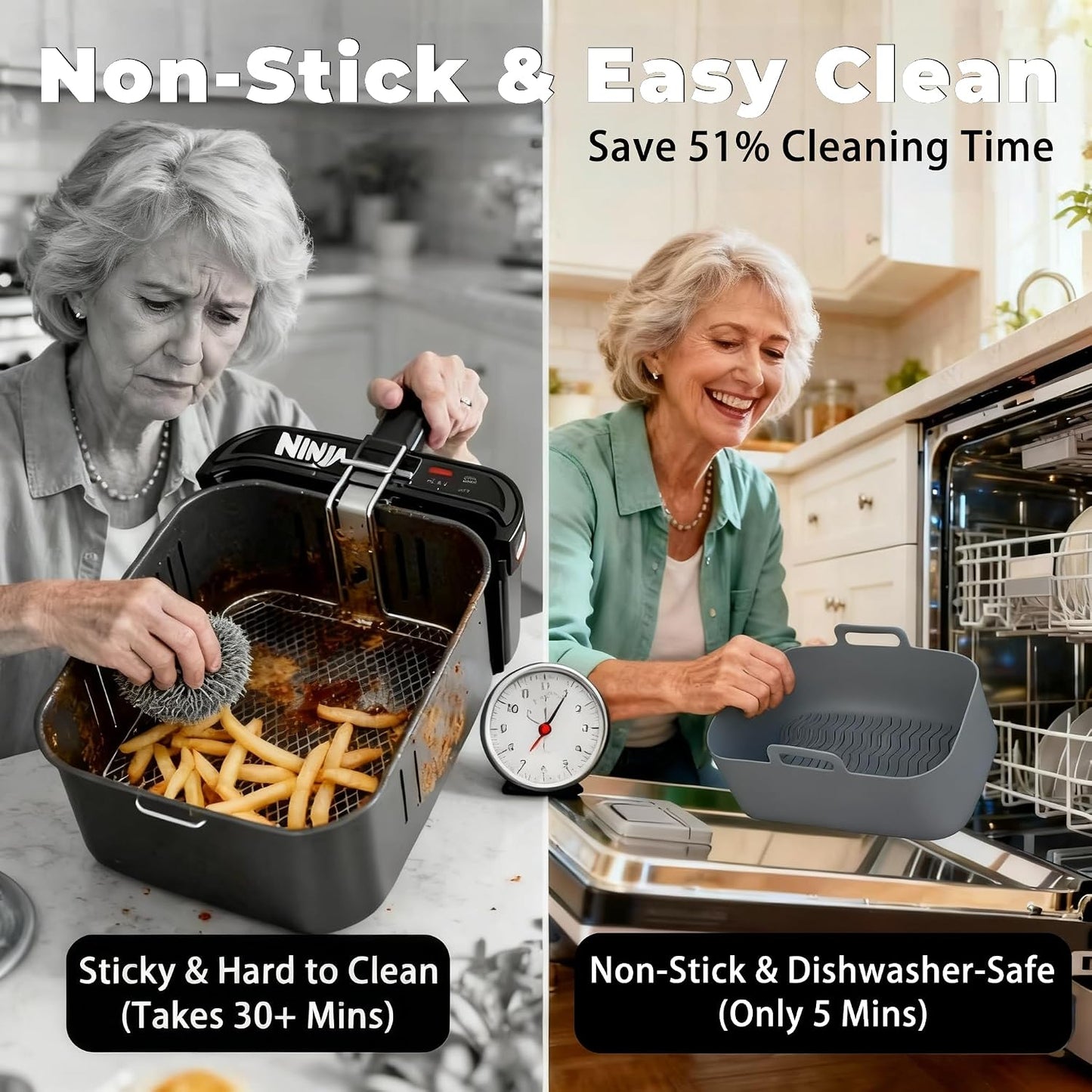 Silicone Air Fryer Liners for Ninja - Reusable DZ201 8QT Dual Basket - Rectangular 2-Pack Vacuum-Packed Easy-Clean Dishwasher-Safe Food-Safe for Home Chefs - Housewarming Gifts