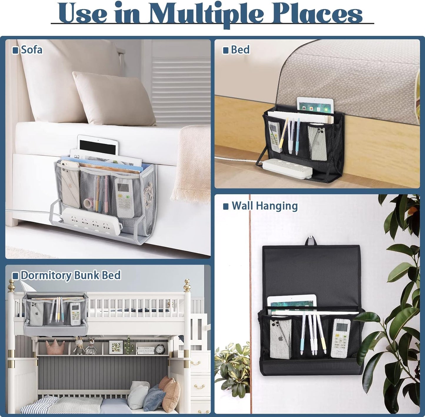 Bedside Caddy Organizer for Dorm Bed Rails with 7 Pockets, Gray | Bed Pockets Bedside Storage with Power Strip Holder & 2 Adjustable Straps for Home, College, Dorm, Hospital Bedside Organizer