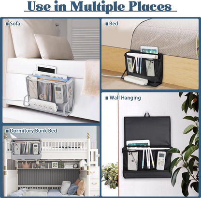 Bedside Caddy Organizer for Dorm Bed Rails with 7 Pockets, Gray | Bed Pockets Bedside Storage with Power Strip Holder & 2 Adjustable Straps for Home, College, Dorm, Hospital Bedside Organizer