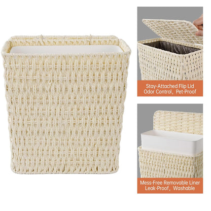 Coeusy 3 Gallon Wicker Trash Can,Small Bathroom Trash Can with Lid,Natural Water Hyacinth Wicker Waste Basket for Bedroom,Toilet,Narrow Garbage Can with Removable Liner