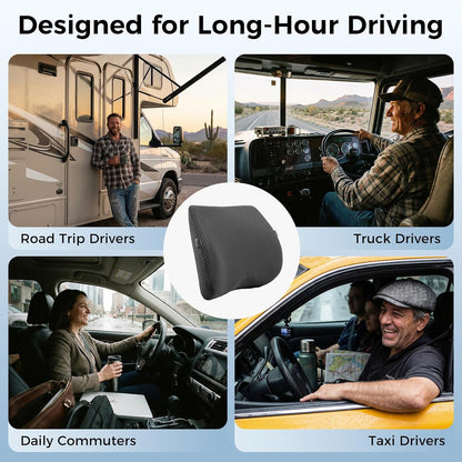 Lumbar Support Pillow for Car & Office Chair - High-Density Memory Foam Back Cushion for Sciatica & Lower Back Pain Relief - Non-Slip Support for Long Commutes & Desk Workers (Black)