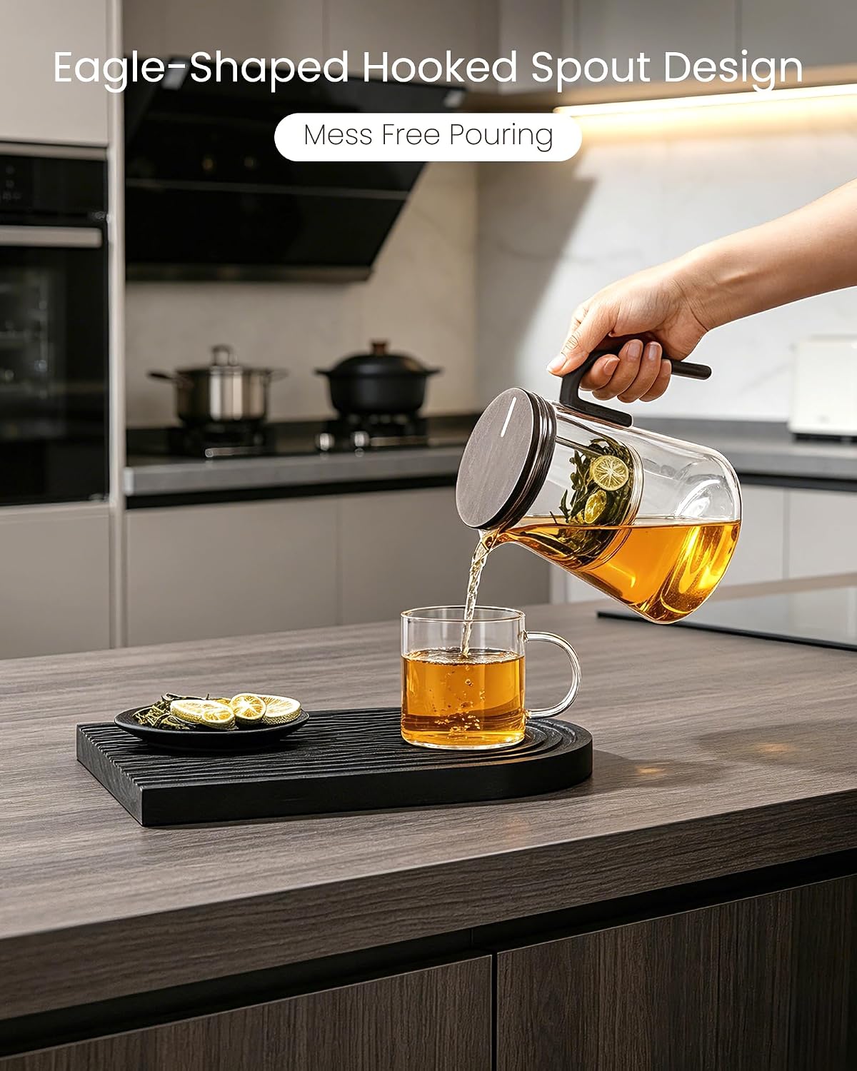 ZENS Magnetic Glass Infuser Teapot for Loose Tea, 27oz Walnut Wood Handle | Magic Teapot with Infuser, Echanted Tea Maker, Mess-Free Loose Leaf Tea Diffusers for Tea lover Gifts