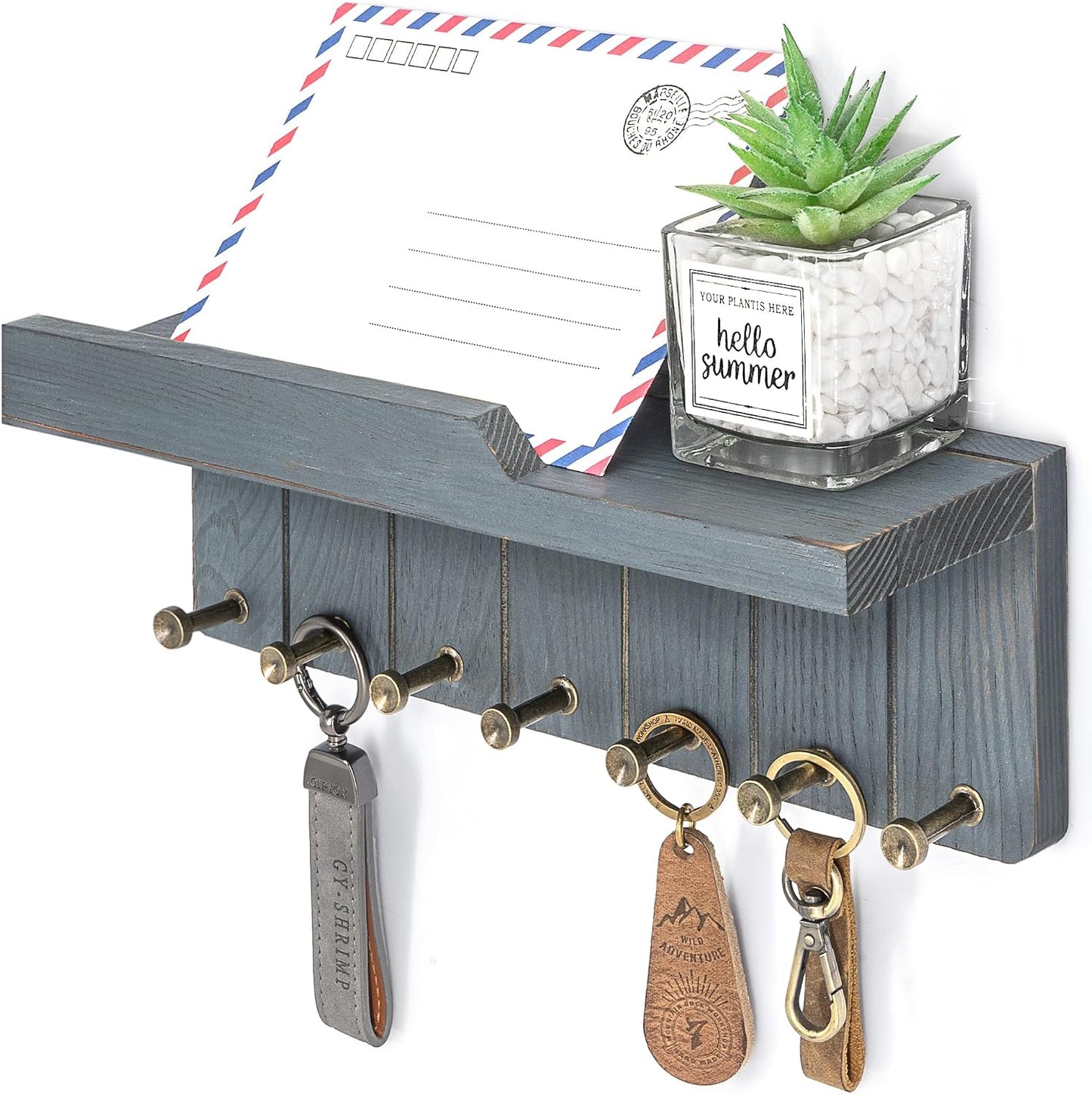 Rebee Vision Key Holder Wall Mount with Shelf for Entryway, Distressed Blue | Key and Mail Holder for Wall, Shelf, 4 Key Hooks, Farmhouse Decor, Room Decor Aesthetic, Compact Home Storage, Wall Organizer