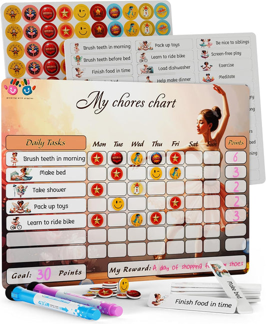 Mimi Doodle Magnetic Chore Chart for Kids – 16x12 Dry Erase Daily Responsibility Board for Fridge with 39 Chore tabs, 100 Reward Stickers – Behavior Chart for Kids at Home – Simple Theme