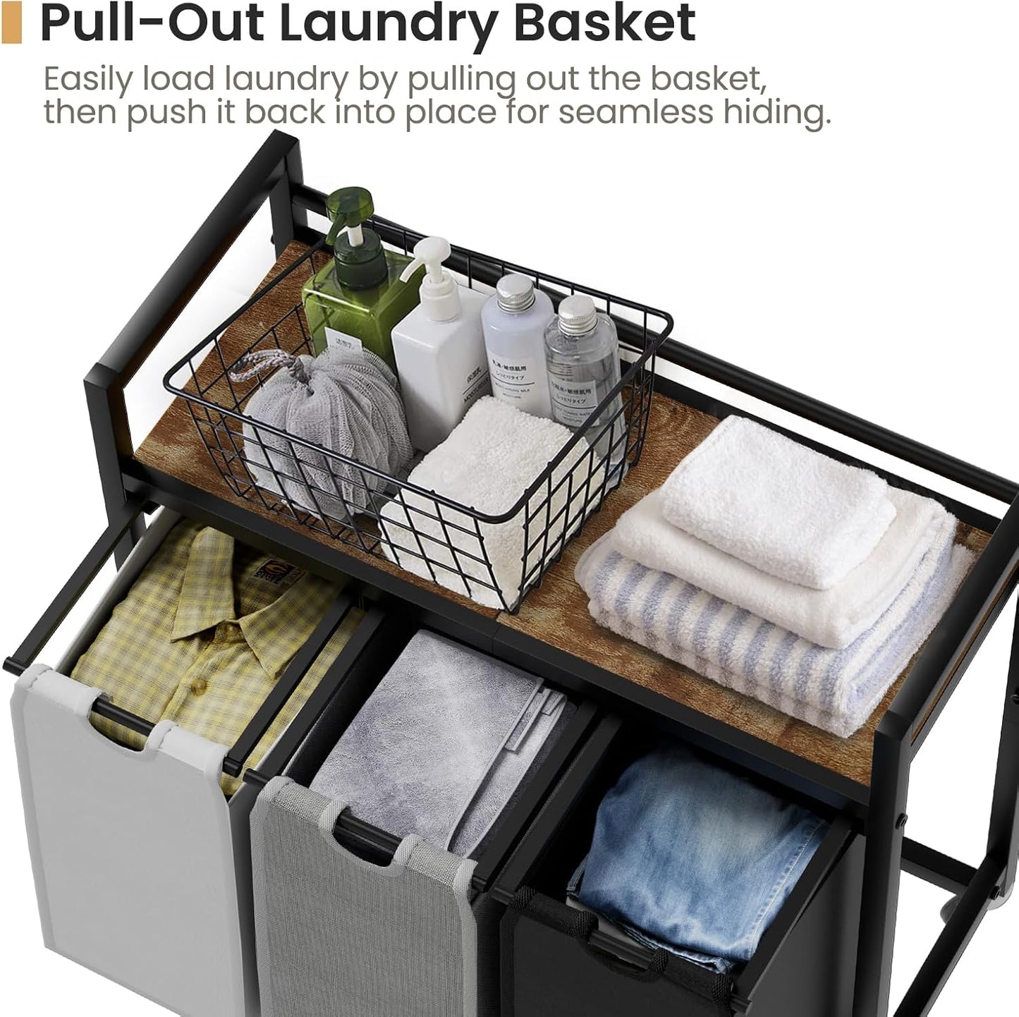 SwaaVee Laundry Sorter, Laundry Hamper 3 Section, 3×11.4Gal, Metal Frame Rolling Laundry Basket with Wooden Top Shelf, Pull out and Removable Laundry Bags, 3 Bags-Black