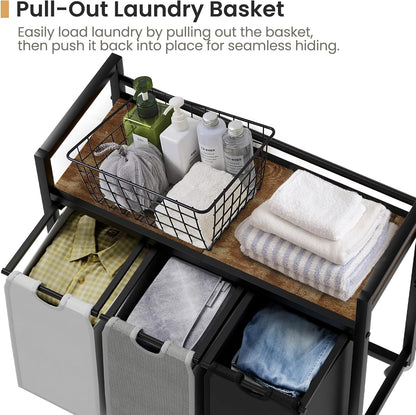 SwaaVee Laundry Sorter, Laundry Hamper 3 Section, 3×11.4Gal, Metal Frame Rolling Laundry Basket with Wooden Top Shelf, Pull out and Removable Laundry Bags, 3 Bags-Black