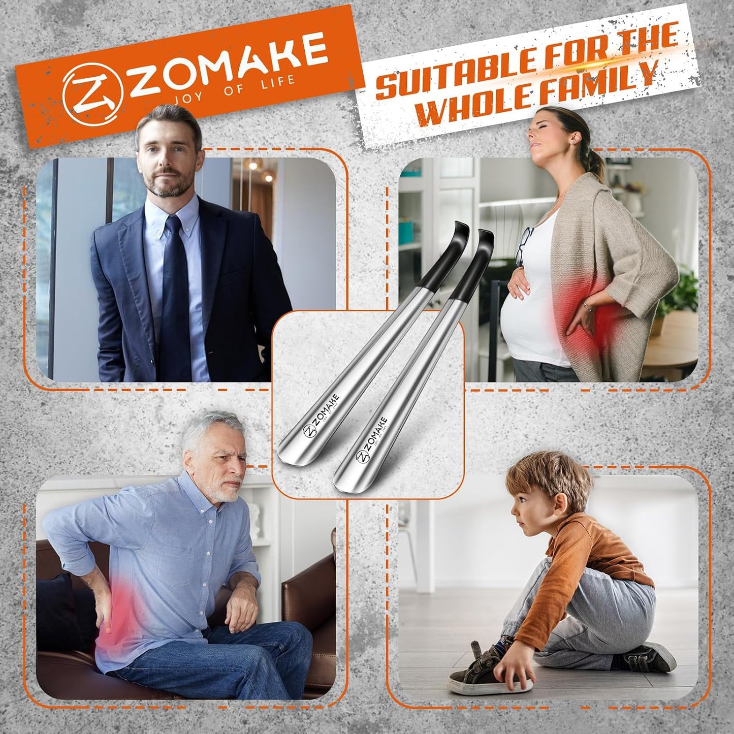 ZOMAKE Shoe Horn Long Handle for Seniors Men Women, Metal Shoehorn 16.5" | Stainless Steel Boot Horn Shoe Spoon Helper, Comfort Grip Handle, Smooth Edges, No Bending Required, Shoe Care for Daily Use