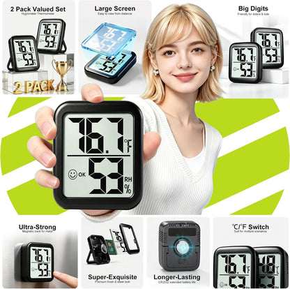 2 Pack Room Thermometer Indoor Hygrometer | Monitor Temperature & Humidity, Accurate, Fast Read, Easy To View, Magnetic/Kickstand/Hanging, ℉/℃, w/ Battery, Compact