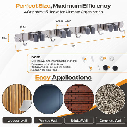 Stainless Steel Broom Holder Wall Mount, 3 Racks & 4 Hooks | Waterproof organizer for mops, brooms, tools and garden equipment, adjustable wall storage, black