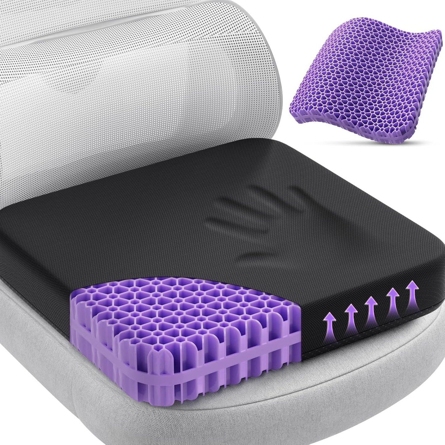TushGuard Gel Seat Cushion for Long Sitting, Breathable Thick Patent Design | Enlarged Cooling Chair Pad for Office, Wheelchair, Soft Car Cushion for Back, Hip, Sciatica (Standard, Black+Violet)