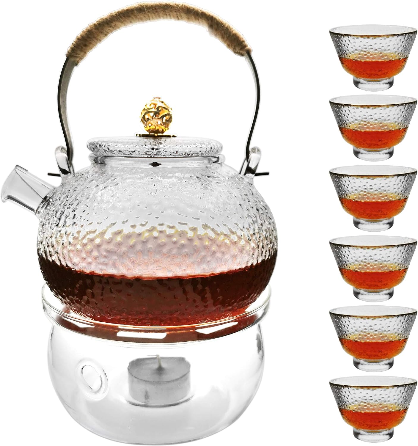 Glass Filtering Tea Maker Teapot with a Warmer and 6 Double-walled Tea Cups Set (Heating base, Standard)