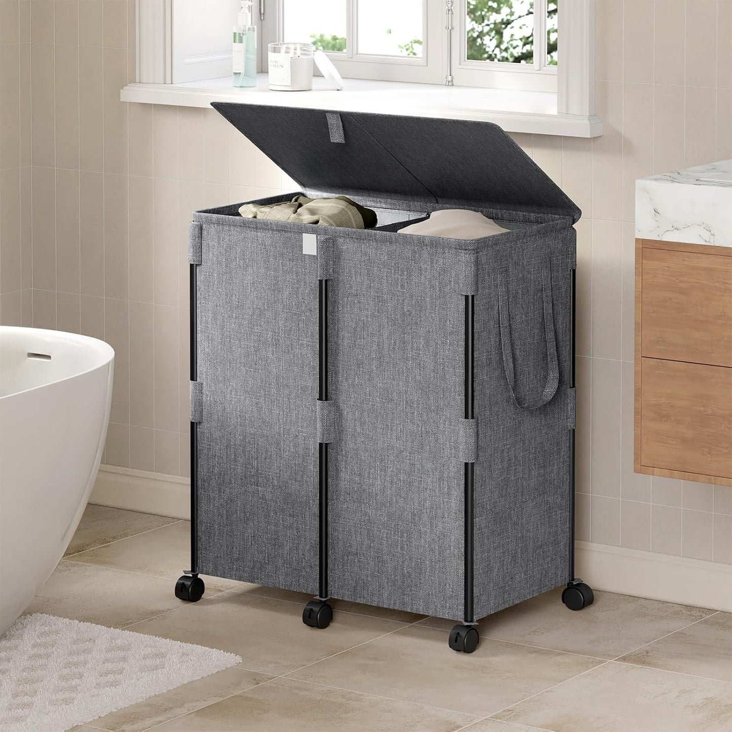 140L Double Laundry Hamper with Lid and 6 Wheels, Rolling Laundry Basket | Gasvadivum Metal Frame Laundry Sorter 2 Section with 2 Removable Bags, Large Clothes Cart for Bedroom, Bathroom, Black