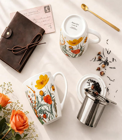 AmorArc Tea Cup With Infuser and Lid, 18oz Loose Leaf Tea Mug With Steeper | Porcelain Tea Mug With Infuser and Lid, Strainer Tea Cup for Tea Lovers, Home & Office, Housewarming Birthday Gift