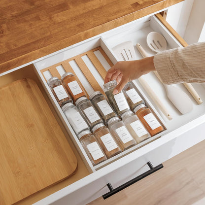 Expandable Spice Drawer Organizer, Bamboo | Holds up to 15 spice jars (not included), non-slip feet, 100% sustainable bamboo wood