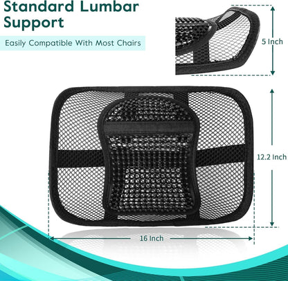 Samyoung Mesh Lumbar Support for Office Chair and Car Seat | 12 x 16 Inch Breathable Double-Layer Mesh Back Support with Elastic Chair Strap & Support Beads for Firm, Comfortable Support