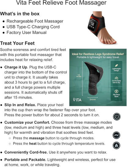 Vita Feet Relief Ankle Massager with Heat and Vibration, Cordless Device | Cordless Foot Massager, Heated Ankle Wrap, Rechargeable, Calf & Leg Sleeve for Home Relaxation (One Unit)