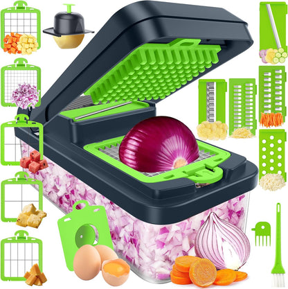 12-in-1 Vegetable Chopper with 7 Blades, Food Veggie Cutter, Green | Includes Egg Separator, Food Container and Finger Guard, Non-slip Base, for Chopping, Slicing, Shredding, and Mincing