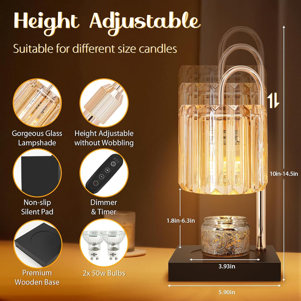 Candle Warmer Lamp with Timer, Electric Candle Warmer for Jar Candles, House Warming Gifts, Modern Home Decor Dimmable Wax Melting Lamp with Large Head, Black, Glass
