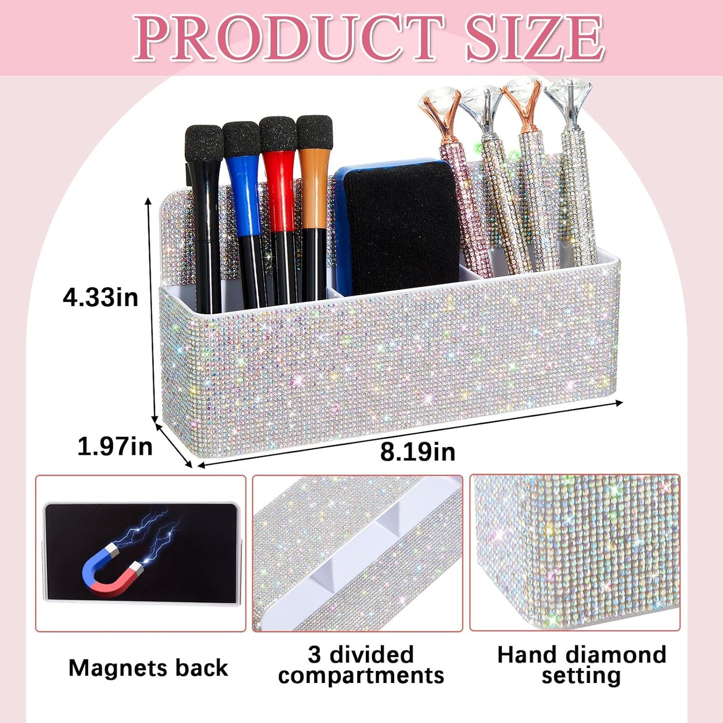 MotiMind Purple Locker Accessories for Girls, Bling Magnetic Pen Holder for Refrigerator, Back to School Rhinestone Marker Holder for Locker, Sparkly Gift for Student (Medium,Rhinestone)