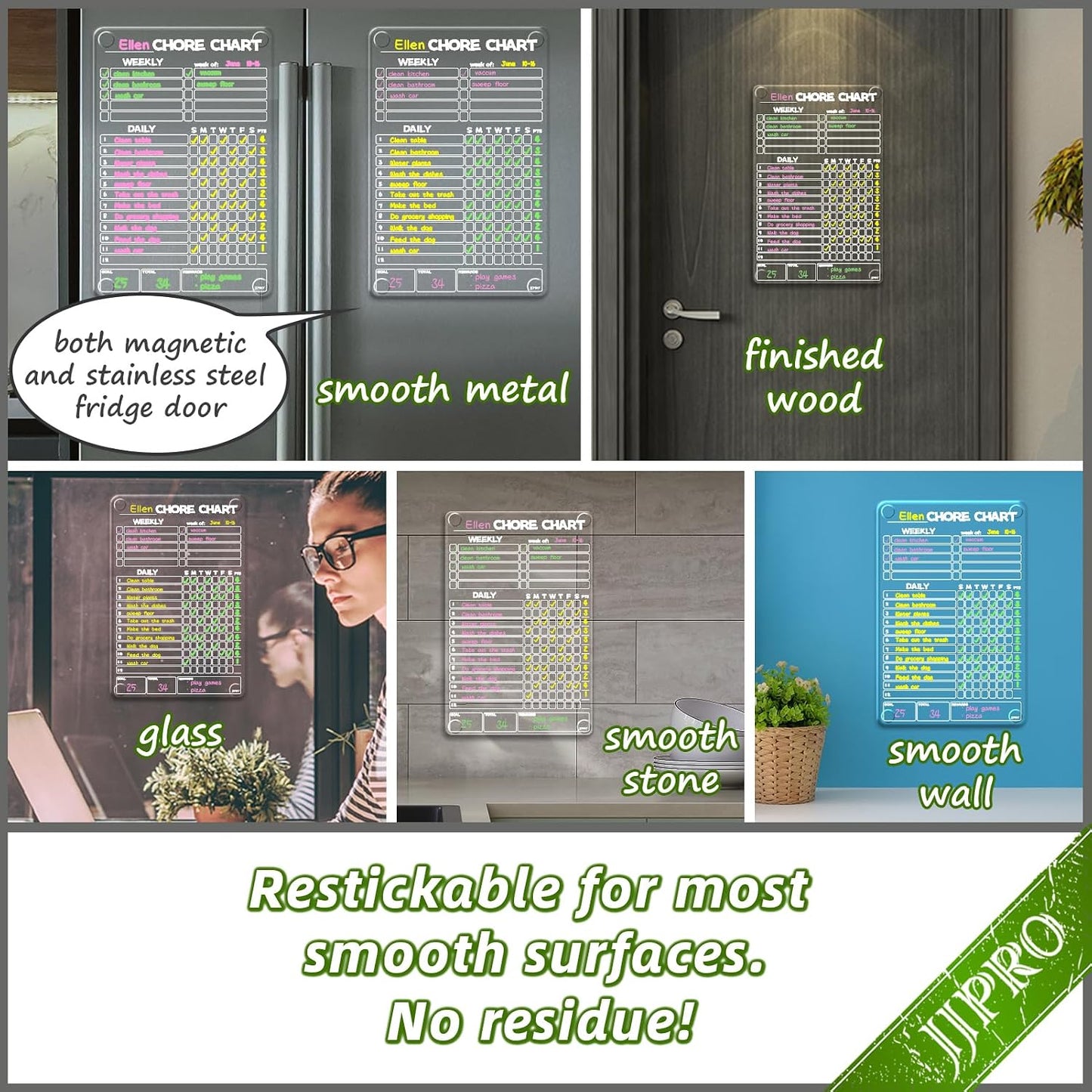JJPRO Non-Magnetic Dry Erase Calendar for Fridge, Monthly Calendar, Weekly Planning Board Bundle for All Smooth Surfaces. Clear Reusable Calendar Stick to Fridge,Cabinet,Door&Glass