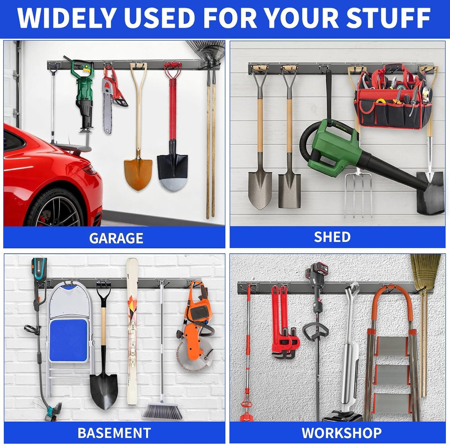 Garage Tool Organizer Wall Mount, 48 Inch Heavy Duty Garden Tool Organizer Storage System, Easy Install with 6 Adjustable Straight Hooks, for Garage, Basement, Shed, Workshop, Black, Steel