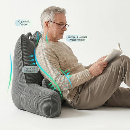 Patented Design Reading Pillow with Arms for Sitting Up, 2-in-1 Bed Rest Pillow with Detachable Lumbar Support, Backrest Support Cushion for Couch with Side Pockets & Handle, Beige Gray