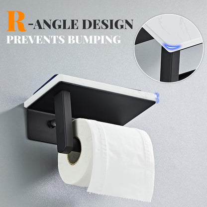Brushed Nickel Toilet Paper Holder with Marble-Look Shelf, Wall Mounted SUS304 Stainless Steel Toilet Roll Holder with Phone Storage
