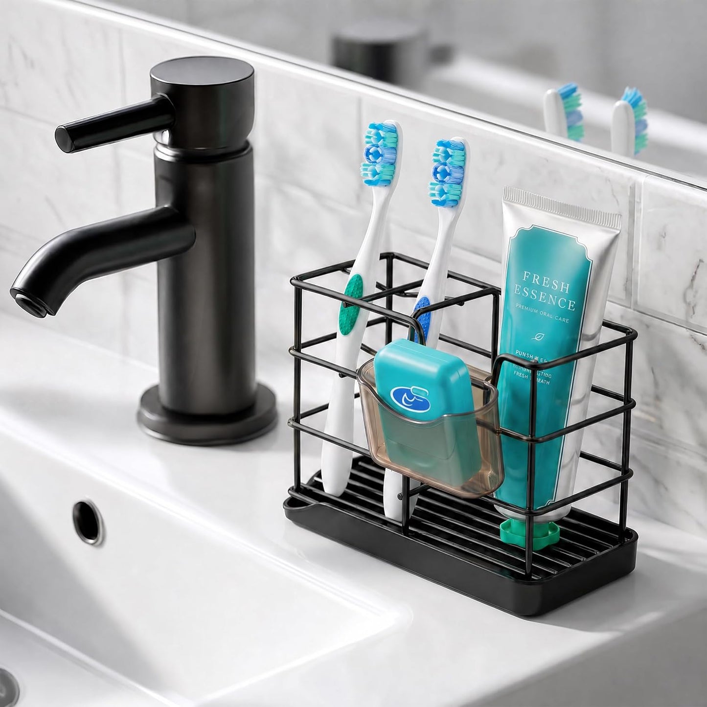 HBlife Toothbrush Holders for Bathrooms Black, Small Stainless Steel Bathroom Toothbrush Holder with Tray, Bathroom Accessories and Apartment Essentials