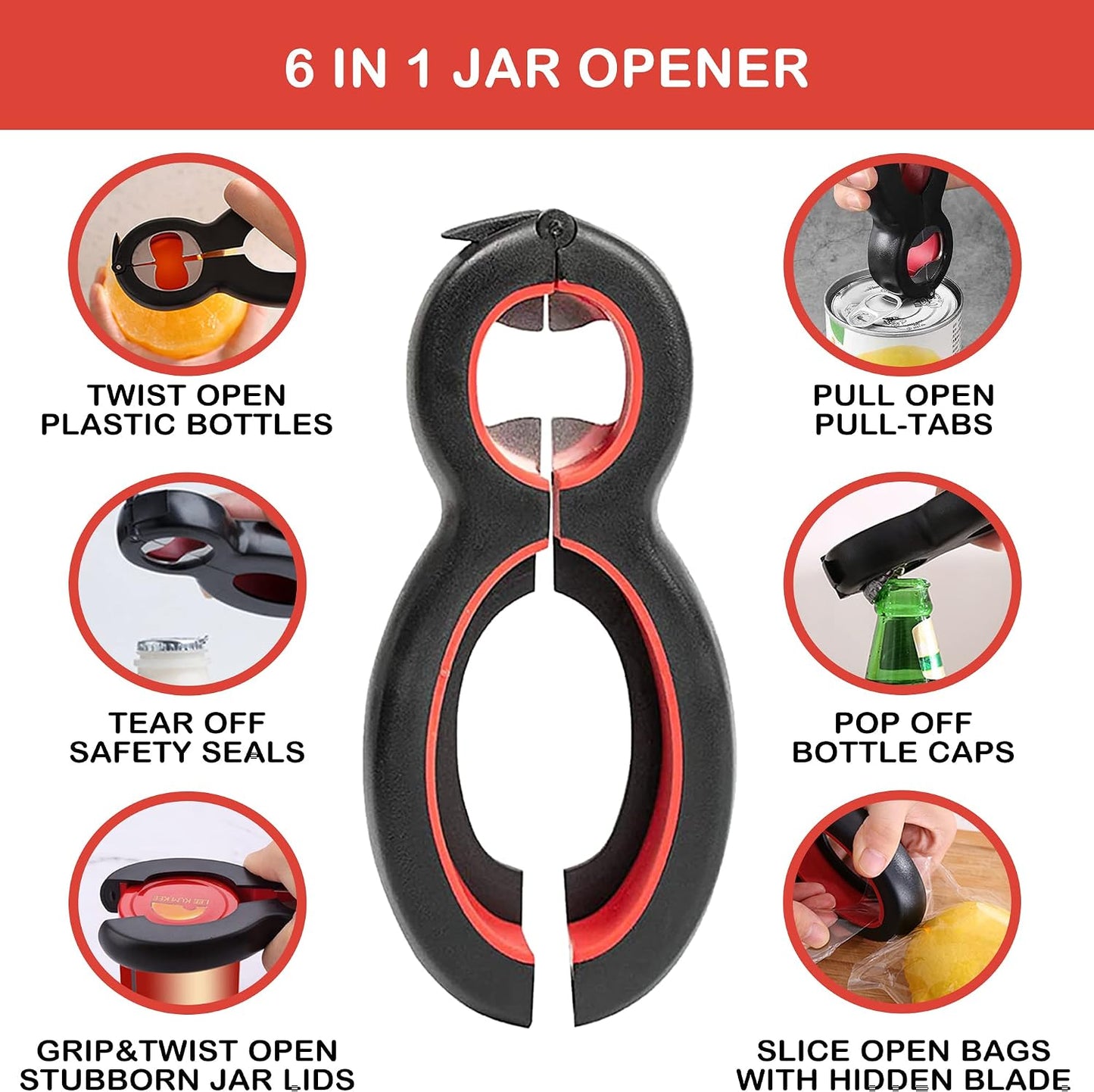 Jar Opener for Weak Hands, Easy Twist Jar Opener For Seniors with Arthritis, 5 in 1 Multi Function Bottle Opener Lid Opener For Arthritic Hands with Non Slip Rubber Jar Gripper Pad (Red)