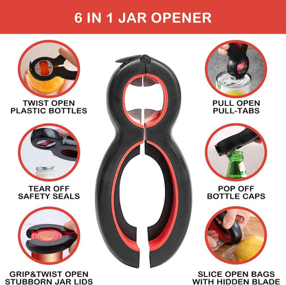 Jar Opener for Weak Hands, Easy Twist Jar Opener For Seniors with Arthritis, 5 in 1 Multi Function Bottle Opener Lid Opener For Arthritic Hands with Non Slip Rubber Jar Gripper Pad (Red)