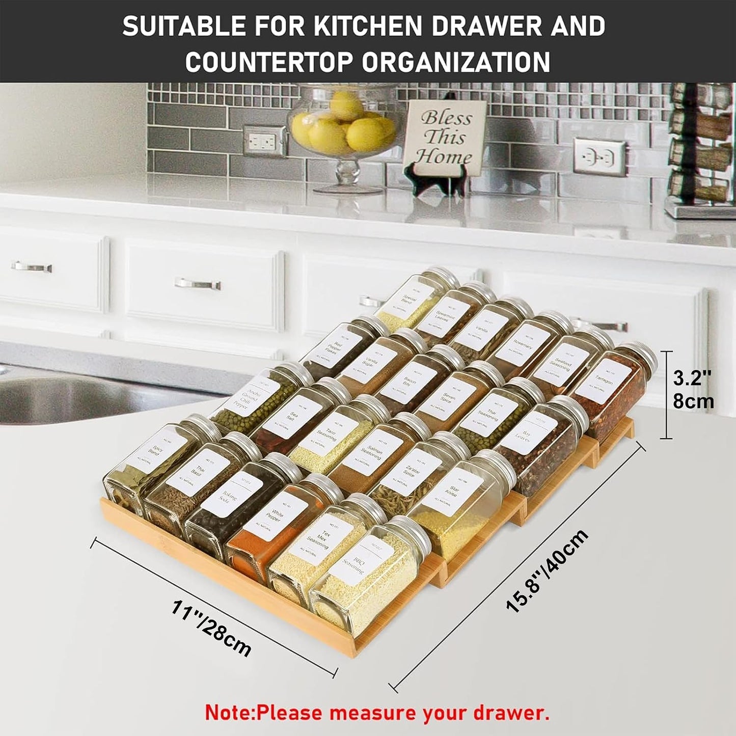 Spice Drawer Organzier,4 Tiers Bamboo Spice Rack Tray Insert for Cabinet Drawer Countertop, Kitchen Seasoning Storage Drawer Organization,14.57" Wide x 15.8" Deep （Hold UP To 32 Jars