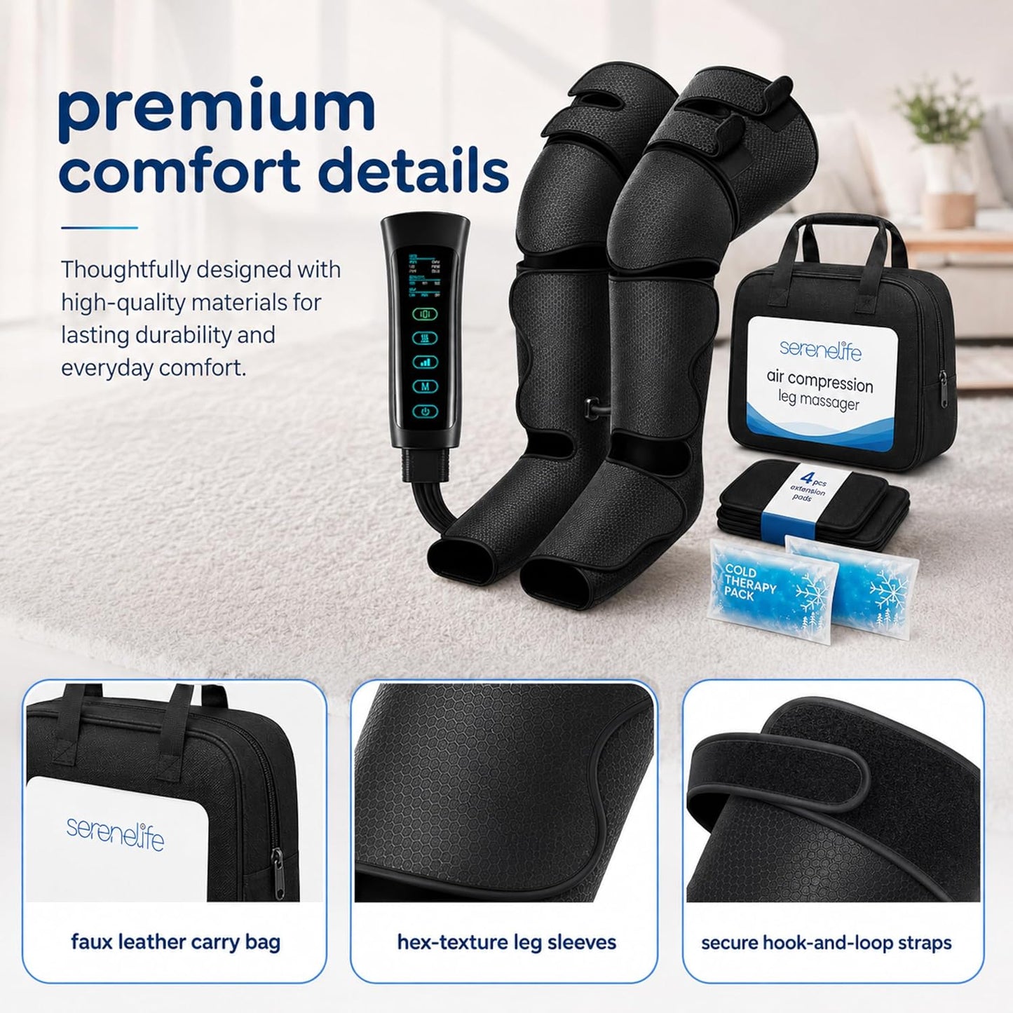 SereneLife Air Compression Leg Massager, Full Leg Massager with Heat and Compression, Ice Pack, Portable and Adjustable with 6 Modes 3 Vibrations 3 Intensities, 11 Airbags for Thigh Calf Foot Massage