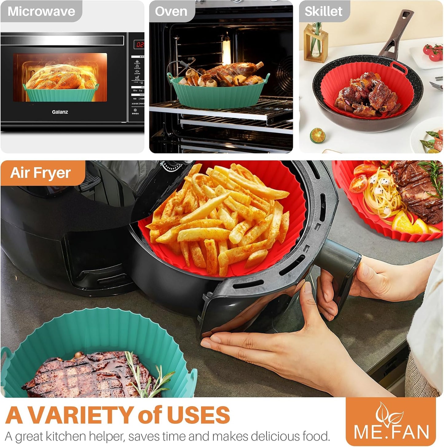 ME.FAN Air Fryer Silicone Liners for 4 to 7 QT [2 Pack] Reusable Air Fryer Basket with Handles & Holes Red