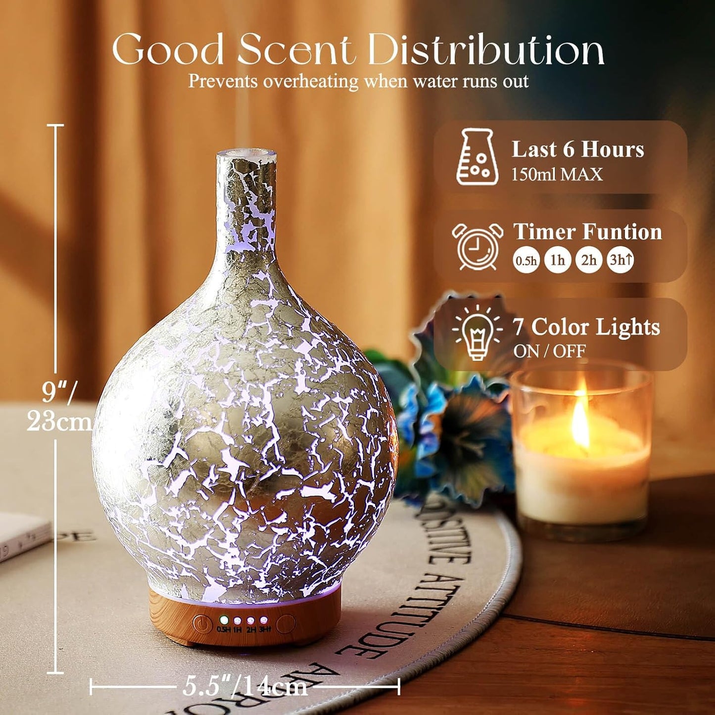 Porseme 150ml Essential Oil Diffuser Glass Color Changing Aroma Air Diffusers Aromatherapy Ultrasonic Cool Mist Humidifier 6 Running Hours Waterless Auto-Off for Sleeping, Yoga, Office, Spa (Ink)